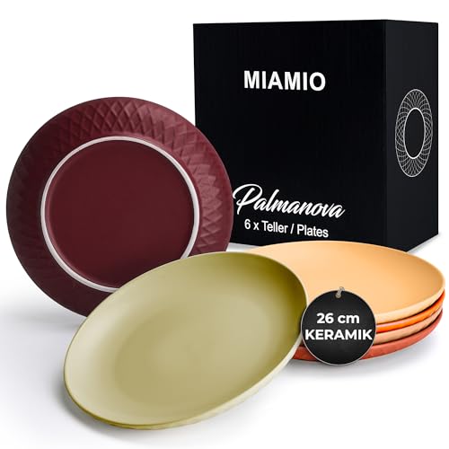 MIAMIO - 6er Geschirrset/Teller Set modern aus Keramik für 6 Personen - Palmanova Kollektion (Rot, Große Teller (6x)) von MIAMIO