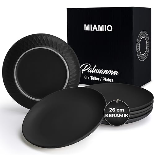 MIAMIO - 6er Geschirrset/Teller Set modern aus Keramik für 6 Personen - Palmanova Kollektion (Schwarz, Große Teller (6x)) von MIAMIO