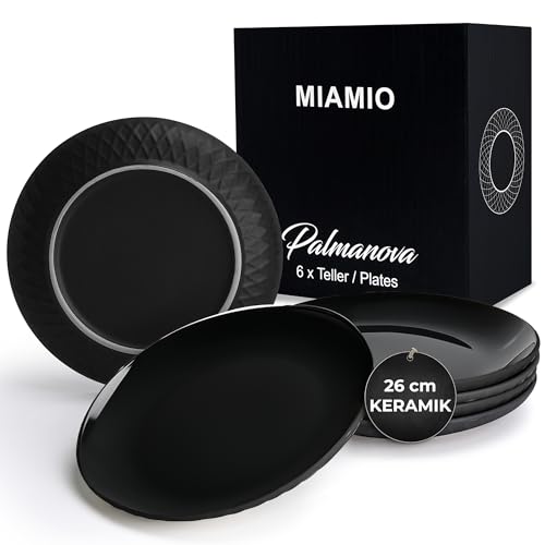 MIAMIO - 6er Geschirrset/Teller Set modern aus Keramik für 6 Personen - Palmanova Kollektion (Schwarz, Große Teller (6x)) von MIAMIO