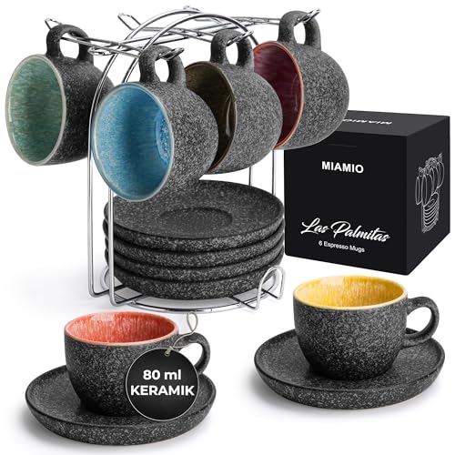 MIAMIO - 6er Set 80 ml, stapelbare Espressotassen aus Keramik mit Untertassen und Metallständer, Espressotassen, Mokkatassen, Kaffeebecher für Espresso, Latte - Las Palmitas Collection von MIAMIO