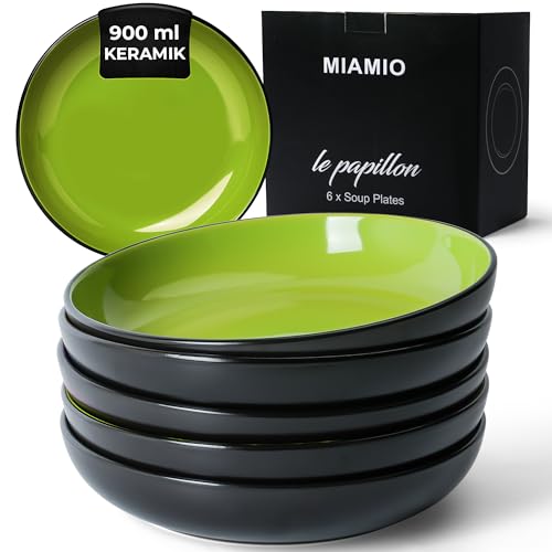 MIAMIO - 900 ml / 22 cm Geschirrset, Salatschüssel, Pastateller, Müslischale, große Bowl Schüssel, Suppe & Porridge, mikrowellen- und spülmaschinenfest - Le Papillon Collection (Grün) von MIAMIO