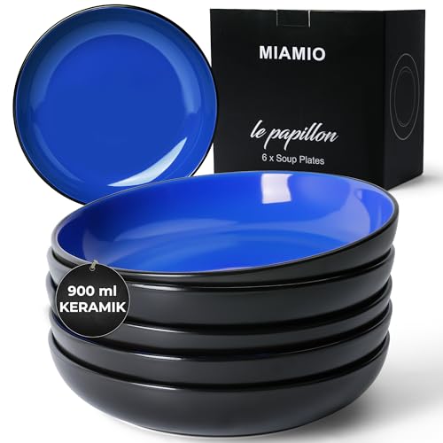 MIAMIO - 900 ml / 22 cm Geschirrset, Salatschüssel, Pastateller, Müslischale, große Bowl Schüssel, Suppe & Porridge, mikrowellen- und spülmaschinenfest - Le Papillon Collection (Blau) von MIAMIO