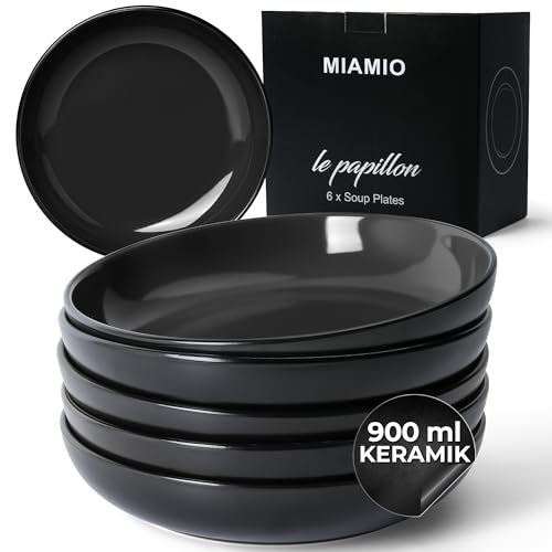 MIAMIO - 900 ml / 22 cm Geschirrset, Salatschüssel, Pastateller, Müslischale, große Bowl Schüssel, Suppe & Porridge, mikrowellen- und spülmaschinenfest - Le Papillon Collection (Schwarz) von MIAMIO