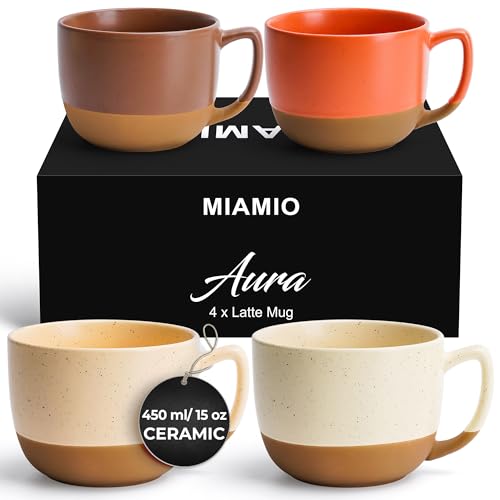 MIAMIO – Tassen 450 ml, 4er-Set Keramik-Latte Tassenset – Elegantes, modernes Kaffeetassen Set für Café, Tee, heiße Schokolade - Spülmaschinen- & mikrowellengeeignet – Aura Kollektion von MIAMIO