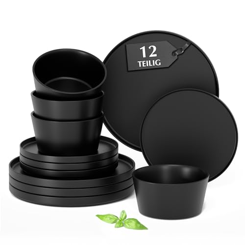 MIAMIO – Geschirrset 4 Personen / 12-teiliges Steingut Modern/Tafelservice – Spülmaschinen- und Mikrowellenfest - Luxe Kollektion (Schwarz, Geschirrset (12x)) von MIAMIO