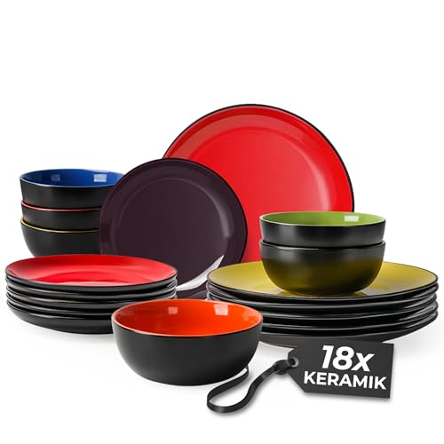 MIAMIO - Geschirrset 6 Personen/Steingut Geschirr Set 18-teilig, Tafelservice Steingut, Schüssel- und Teller Set - Spülmaschinen- und Mikrowellenfest - Le Papillon Kollektion (18 Teile Set) von MIAMIO