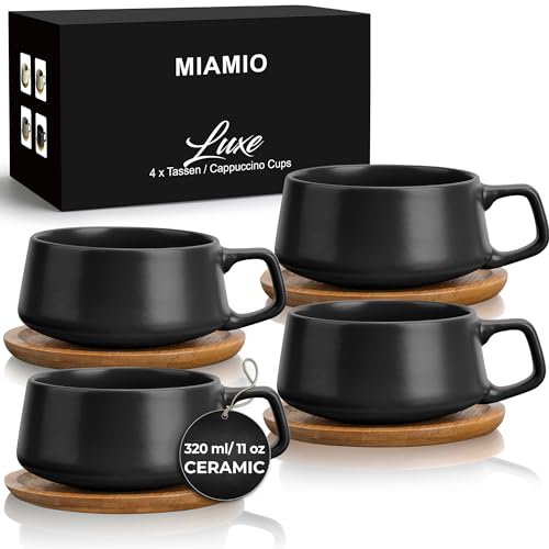 MIAMIO - 4 x 320 ml Kaffeetassen/Cappuccino Tassen mit Unterteller/elegant/modern/Kaffeebecher aus Steingut - Luxe Kollektion 4er Set (Schwarz) von MIAMIO