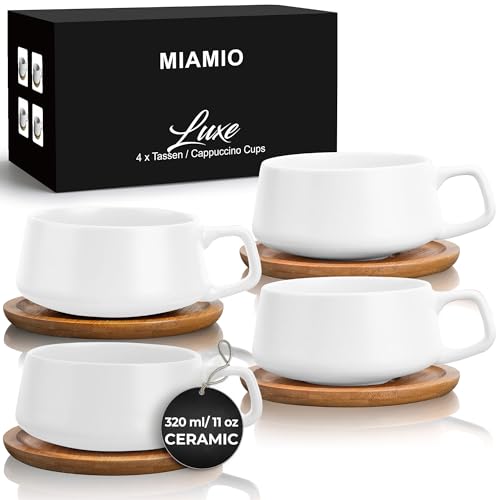 MIAMIO - 4 x 320 ml Kaffeetassen/Cappuccino Tassen mit Unterteller/elegant/modern/Kaffeebecher aus Steingut - Luxe Kollektion 4er Set (Weiß) von MIAMIO