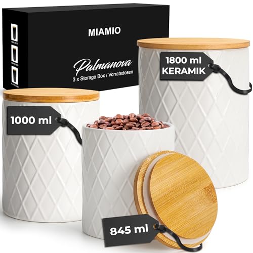 MIAMIO - Set von 3 Vorratsdosen Set Keramik mit luftdichtem Deckel aus Holz, Keramikdose, Aufbewahrungsdose - Palmanova Kollektion (Weiß) von MIAMIO