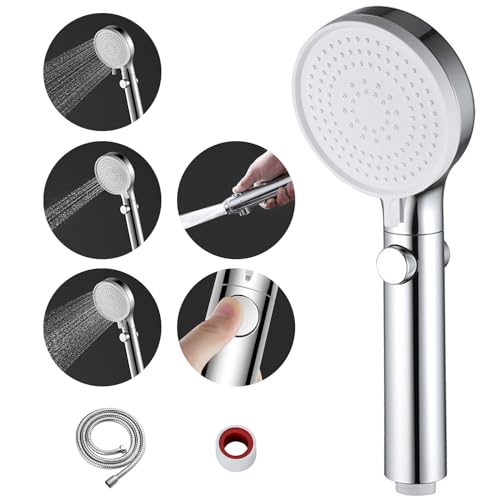 MIAOHUI Chrom Duschkopf Druckerhöhend, Handbrause mit 3 Strahlarten, Wassersparend Hochdruck Duschkopf mit Wasserstop Funktion, Duschbrause mit Schlauch und Teflonband von MIAOHUI