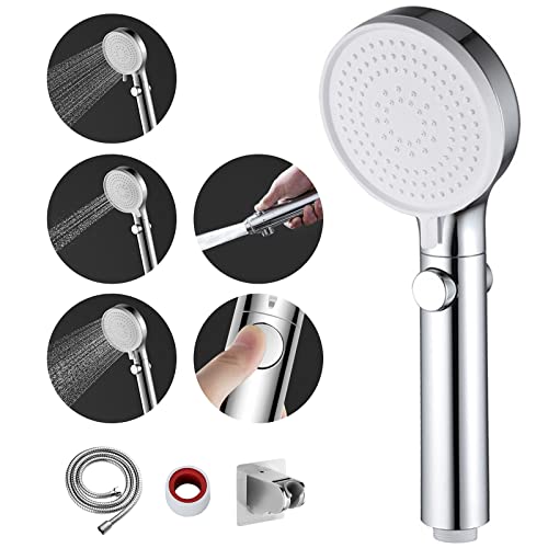 MIAOHUI Chrom Duschkopf Druckerhöhend, Handbrause mit 3 Strahlarten, Duschschlauch mit Duschkopf, wassersparend Hochdruck Duschbrause mit Wasserstop Funktion, Duschbrause mit Schlauch und Halterung von MIAOHUI