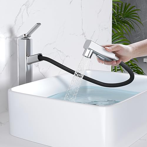 MIAOHUI Gefäß-Spültischarmatur mit herausziehbarem Sprühgerät, 3 Sprühmodi, hoher Badezimmer-Wasserhahn, hohe Badezimmer-Armaturen für Waschbecken, 1 Loch, Einhandgriff, moderner Waschtischarmatur mit MIAOHUI Gefäß-Spültischarmatur mit herausziehbarem Sprühgerät, 3 Sprühmodi, hoher Badezimmer-Wasserhahn, hohe Badezimmer-Armaturen für Waschbecken, 1 Loch, Einhandgriff, moderner Waschtischarmatur mit von MIAOHUI