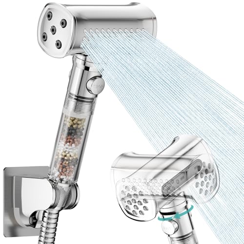 MIAOHUI Hochdruck Duschkopf mit Filter, 4 Strahlarten und Pausenfunktion, Duschfilter Gegen Kalk Und Chlor, Wassersparend Duschkopf Kalkfilter mit 1,5 m Schlauch und selbstklebender Halterung (Chrom) von MIAOHUI