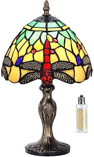 MIAOKE Tiffany Style Tischlampe, VintageTischlampe Handcraft Glasmalerei Lampenschirm Tischlampen für Schlafzimmer Nachttischlampe Arbeitszimmer Office (Grün-W-Libelle) von MIAOKE