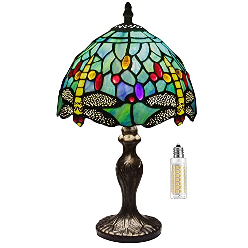 MIAOKE Tiffany Style Tischlampe, VintageTischlampe Handcraft Glasmalerei Lampenschirm Tischlampen für Schlafzimmer Nachttischlampe Arbeitszimmer Office (Grüne Libelle) von MIAOKE
