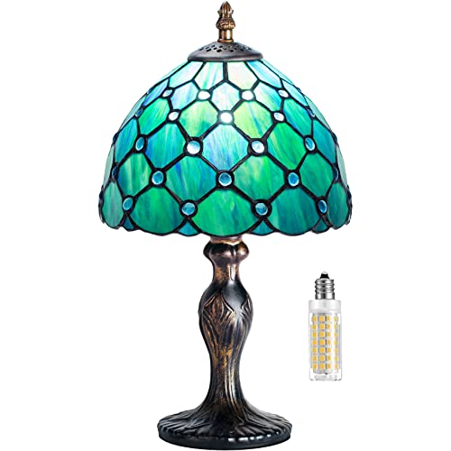 MIAOKE Tiffany Style Tischlampe, VintageTischlampe Handcraft Glasmalerei Lampenschirm Tischlampen für Schlafzimmer Nachttischlampe Arbeitszimmer Office (Green bead) von MIAOKE
