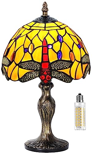 MIAOKE Tiffany Style Tischlampe, VintageTischlampe Handcraft Glasmalerei Lampenschirm Tischlampen für Schlafzimmer Nachttischlampe Arbeitszimmer Office (Orange-Libelle) von MIAOKE