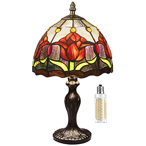MIAOKE Tiffany Style Tischlampe, VintageTischlampe Handcraft Glasmalerei Lampenschirm Tischlampen für Schlafzimmer Nachttischlampe Arbeitszimmer Office (Red) von MIAOKE