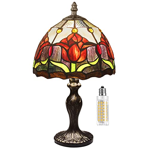 MIAOKE Stained Glass Lamp Style Tischlampe, VintageTischlampe Handcraft Glasmalerei Lampenschirm Tischlampen für Schlafzimmer Nachttischlampe Arbeitszimmer Office(Red) von MIAOKE