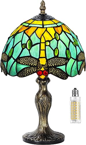 MIAOKE Tiffany Style Tischlampe, VintageTischlampe Handcraft Glasmalerei Lampenschirm Tischlampen für Schlafzimmer Nachttischlampe Arbeitszimmer Office (Wasser-Libelle) von MIAOKE