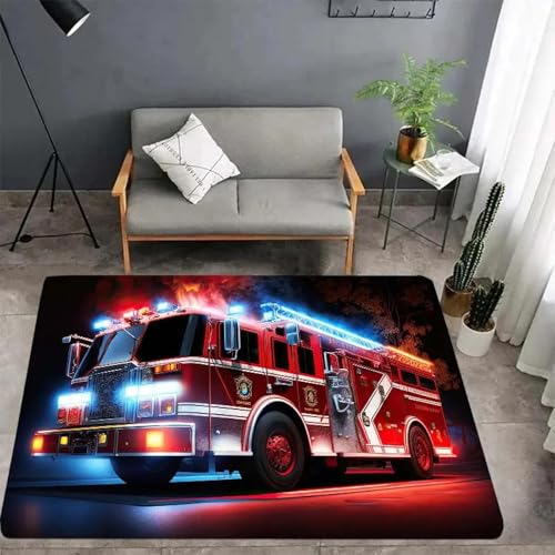 MIAOKEJIA 3D Buntes Feuerwehrauto Küche Badezimmer Anti-Rutsch-Fußmatte Wohnzimmer Schlafzimmer Balkon Teppich Kinder Krabbelteppich von MIAOKEJIA