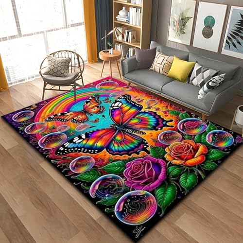 MIAOKEJIA 3D Fantasie Schmetterling Blume Regenbogen Geeignet für Wohnzimmer Schlafzimmer Sofa Fußmatte Kinderspielzimmer Dekorativer Teppich rutschfeste Matte von MIAOKEJIA
