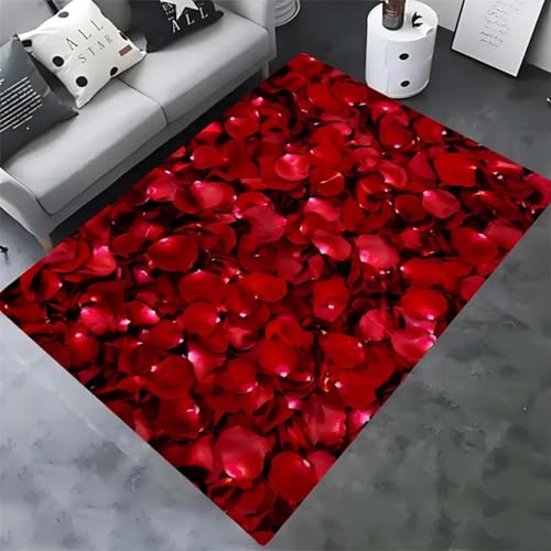 MIAOKEJIA 3D Rote Rosenblätter Schlafzimmer Wohnzimmer Teppich Kinderzimmer Fußballmatte Bodenmatte Heimdekoration Rutschfester Teppich von MIAOKEJIA