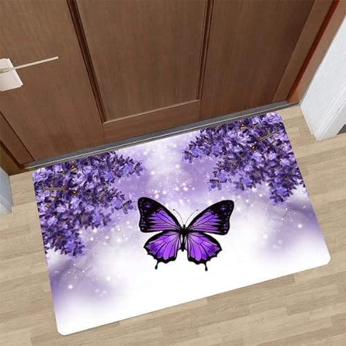 MIAOMANSENSTORE Fußmatte innen außen fussmatte Fußmatte mit Schmetterlingen, lila Blumen und Lavendel, dekorative Willkommens-Fußmatte für Schmetterlingsliebhaber Deko Wohnzimmer von MIAOMANSENSTORE
