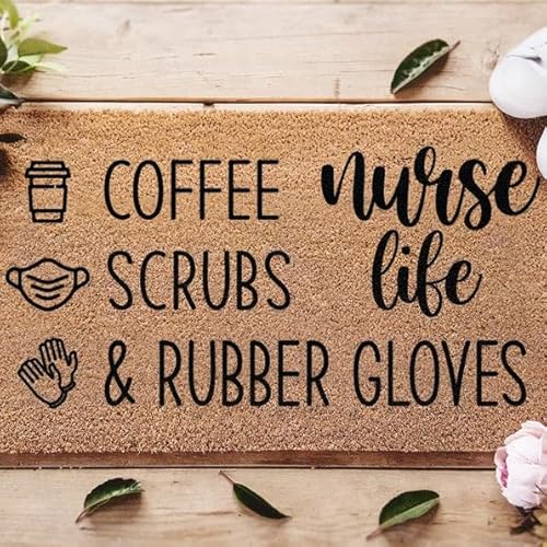 MIAOMANSENSTORE Fußmatte innen außen fussmatte Nurse Life Fußmatte mit Kaffee-Peelings und Handschuhen, dekorative Willkommens-Fußmatte im Krankenschwesterhaus Deko Wohnzimmer von MIAOMANSENSTORE
