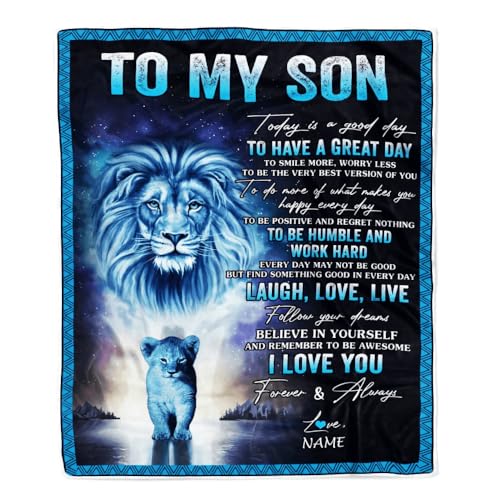 MIAOMANSENSTORE Personalisiert für Meinen Sohn Löwe Decke von Papa Vater Jeden Tag lachen Liebe Leben Sohn Geburtstag Abschluss Weihnachten Personalisierte Fleecedecke von MIAOMANSENSTORE
