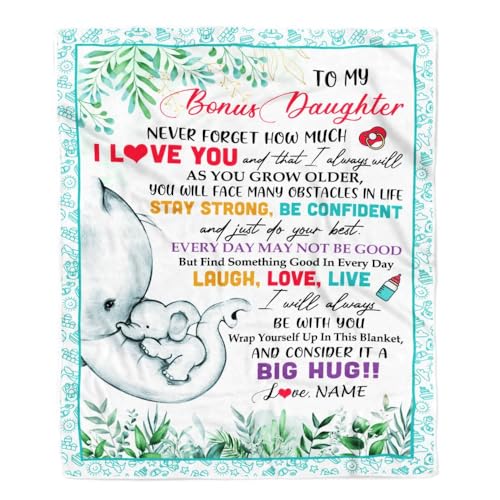 MIAOMANSENSTORE Personalisierte Decke für Meine Bonus-Tochter von Stiefmutter. Vergiss nie, DASS ich Dich Liebe. Mädchen. Elefant. Stieftochter. Geburtstag. Weihnachten. Personalisierte Fleecedecke von MIAOMANSENSTORE