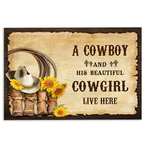 MIAOMANSENSTORE fußmatte innen außen fussmatte Cowboy Fußmatte, Western Cowboy Cowgirl Stiefel Paar Sonnenblume Vinatge braun Geschenk Willkommen Fußmatte deko Wohnzimmer von MIAOMANSENSTORE