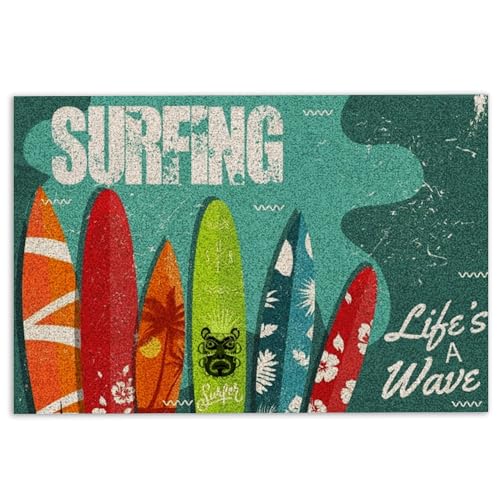 MIAOMANSENSTORE fußmatte innen außen fussmatte Fußmatte, Surfing Surfboard Life is A Wave Beach Life Hello Summer Blue Willkommens-Fußmatte deko Wohnzimmer von MIAOMANSENSTORE