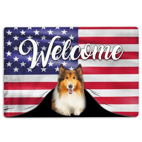 MIAOMANSENSTORE fußmatte innen außen fussmatte Rough Collie Fußmatte, lustige Rough Collie Hund willkommen amerikanische Flagge USA patriotische Willkommen Fußmatte deko Wohnzimmer von MIAOMANSENSTORE