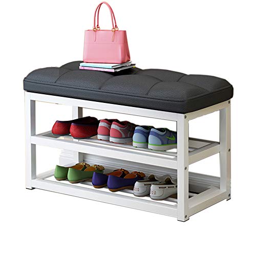 Schuhregal, mit gepolsterter Sitzfläche Schuhbank Sitzbank Bettbank und Metallrahmen, Schuhschrank, für Eingangsbereich, Flur Schlafzimmer Wohnzimmer, Kunstleder Schuhablage (80cm, 60cm),Schwarz,60cm von MIAOXIAO