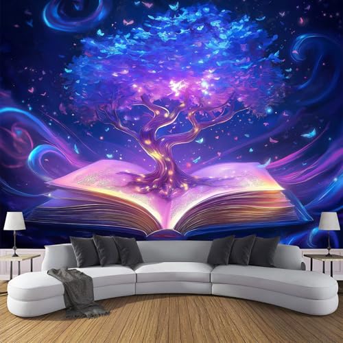 Fantasie Illustration Fototapete Wirbel Buch Baum Tapete, Fototapeten 400x280cm (B×H) für Wohnzimmer Schlafzimmer Flur Seidenstoff Tapete Wandtapete, Lila Blau Wand tapete Motivtapeten von MIATCENRT