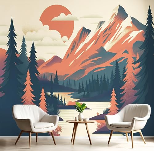 Fototapete ‎150x105cm (B×H), Vintage Poster Wanddeko Foto Tapete Schlafzimmer Wohnzimmer Seidentuch Ttapete, Berge Wald Motivtapeten Dunkelorange Bildtapete 3D Effekt Wand Dekoration von MIATCENRT