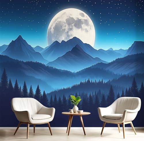 Fototapete 308x220cm (B×H), Cartoon Wanddeko Foto Tapete Schlafzimmer Wohnzimmer Seidentuch Ttapete, Bäume Berge Mond Motivtapeten Dunkelblau Bildtapete 3D Effekt Wand Dekoration von MIATCENRT