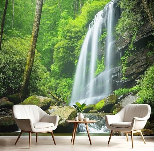 Fototapete 3D Effekt, 352x250cm (B×H) Seidenstoff für Wohnzimmer Schlafzimmer Wanddekoration, 3D Park Landschaft Fototapeten Wandtapete Grünfläche Wasserfall Wandbild Fototapete, leuchtendes Grün von MIATCENRT
