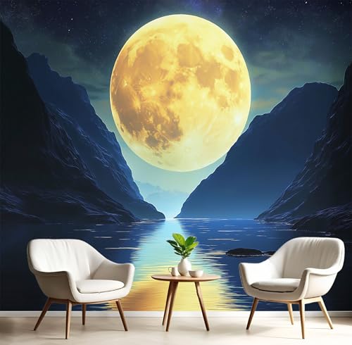 Fototapete 3D Effekt Dekoration Wandbild, Berge Mond Tapete 450x315cm (B×H) Seidenstoff Tapete Fantasie Kunst Wandtapeten, 220g/m2 Fototapete Dunkelblau Panorama Wanddeko von MIATCENRT