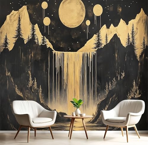 Fototapete 3D Effekt Dekoration Wandbild, Berge Wasserfälle Tapete 400x280cm (B×H) Seidenstoff Tapete Fantasie Wandtapeten, 220g/m2 Fototapete Schwarzes Gold Panorama Wanddeko von MIATCENRT