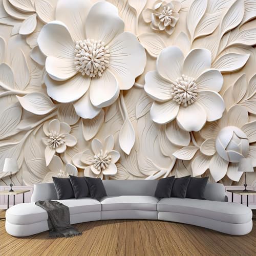 Fototapete 3D Effekt Dekoration Wandbild, Geprägt Floral Tapete 400x280cm (B×H) Seidenstoff Tapete Modern Luxuriös Wandtapeten, 220g/m2 Fototapete Beige Panorama Wanddeko von MIATCENRT
