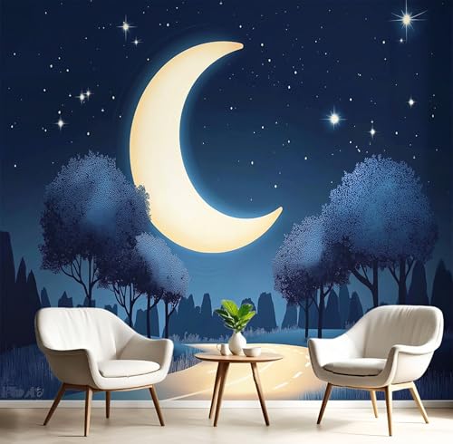 Fototapete 3D Effekt Dekoration Wandbild, Mond Bäume Tapete 400x280cm (B×H) Seidenstoff Tapete Süß Verträumt Wandtapeten, 220g/m2 Fototapete Dunkelblau Panorama Wanddeko von MIATCENRT