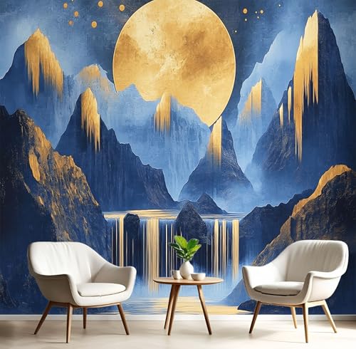 Fototapete 3D Effekt Dekoration Wandbild, Mond Berge Wasserfall Tapete 400x280cm (B×H) Seidenstoff Tapete Goldfolie Wandtapeten, 220g/m2 Fototapete Blau Panorama Wanddeko von MIATCENRT