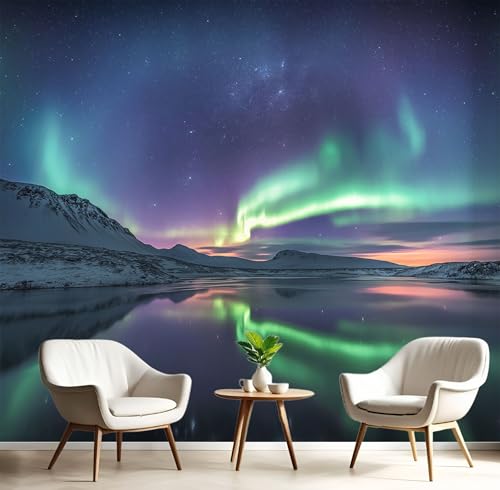 Fototapete 400x280cm (B×H), Fotografie Wanddeko Foto Tapete Schlafzimmer Wohnzimmer Seidentuch Ttapete, See Aurora Motivtapeten Lila Grün Bildtapete 3D Effekt Wand Dekoration von MIATCENRT