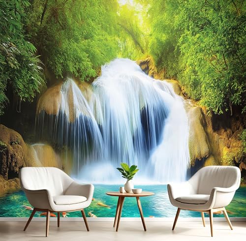 Fototapete 400x280cm (B×H), Natur Dekoration Wanddeko Foto Tapete Schlafzimmer Wohnzimmer Seidentuch Ttapete, Wasserfall Koi Motivtapeten Blaugrün Bildtapete 3D Effekt Wand Dekoration von MIATCENRT