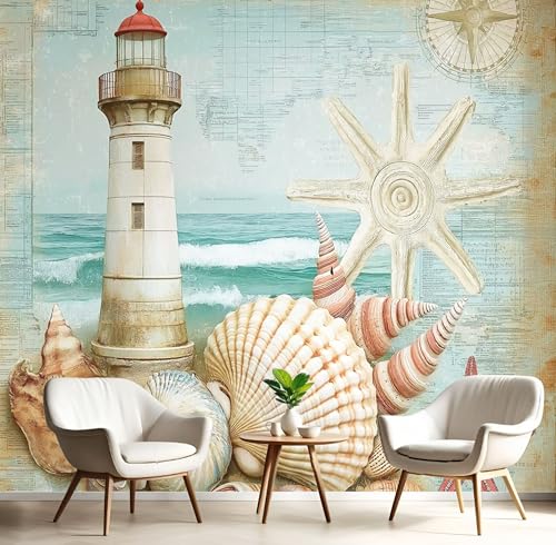 Fototapete 450x315cm (B×H), Nautische Elemente Wanddeko Foto Tapete Schlafzimmer Wohnzimmer Seidentuch Ttapete, Muscheln Leuchtturm Motivtapeten Hellblau Bildtapete 3D Effekt Wand Dekoration von MIATCENRT