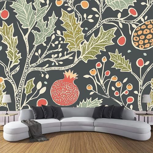 Fototapete Handbemalt Wald Tapete, Fototapeten 250x175cm (B×H) für Wohnzimmer Schlafzimmer Flur Seidenstoff Tapete Taupe Wandtapete, Granatapfel Stechpalmenblätter Wand Fototapete Motivtapeten von MIATCENRT