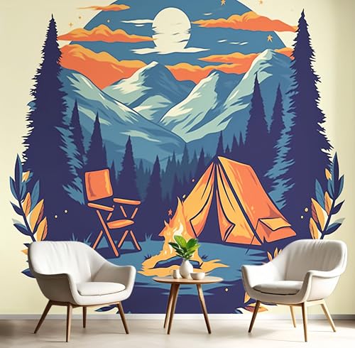 Fototapeten Berge Bäume Lagerfeuer 3D Design Tapete, Vektor Fototapeten Seidenstoff Tapeten Dunkelblau Wandtapete, Tv Tapeten Wohnzimmer Wandtapete Poster Bilder, 308x220cm (B×H) von MIATCENRT