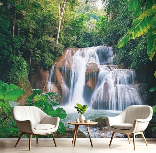 Fototapeten Dschungel Wasserfall 3D Design Tapete, Landschaft Fototapeten Seidenstoff Tapeten Grün Wandtapete, Tv Tapeten Wohnzimmer Wandtapete Poster Bilder, ‎150x105cm (B×H) von MIATCENRT
